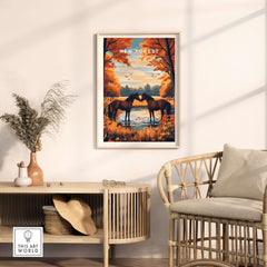 New Forest Wall Art Print featuring serene horses by a river in the beautiful New Forest National Park.