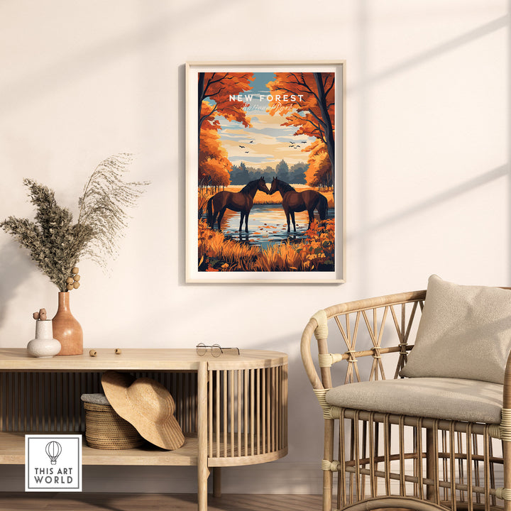 New Forest Wall Art Print displayed in a stylish living room, capturing the serene beauty of nature with vibrant colors and forest scenery.