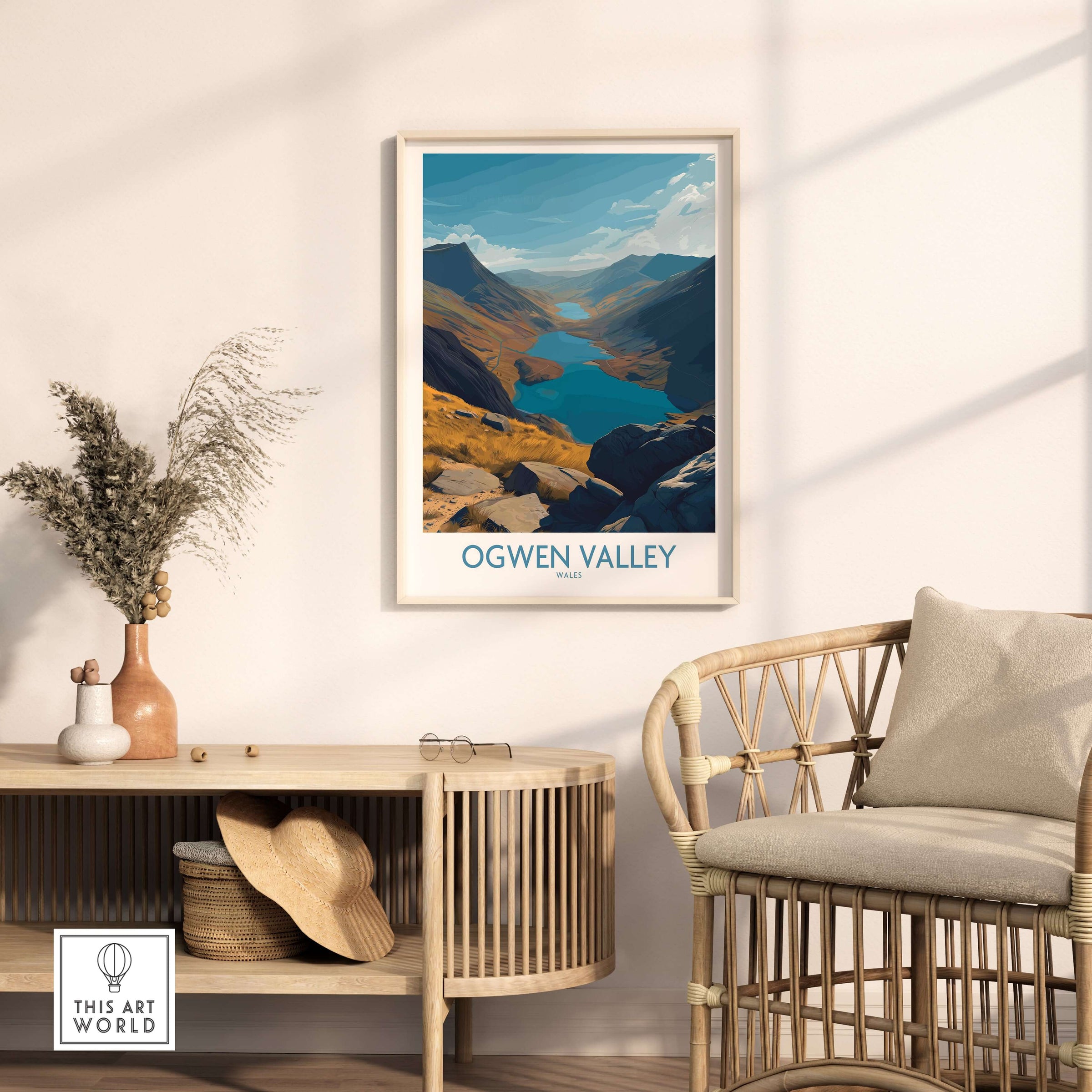 Ogwen Valley Wales Poster Blue Lakes & Peaks - Welsh Wilderness Decor displayed in a modern living room.