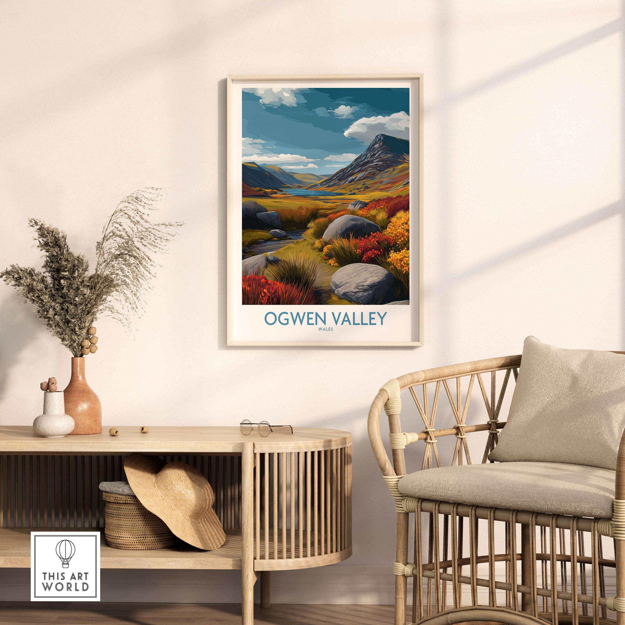 Ogwen Valley Wall Art Wales Rocky Valley - Welsh Nature Travel Decor displayed in a cozy interior setting.