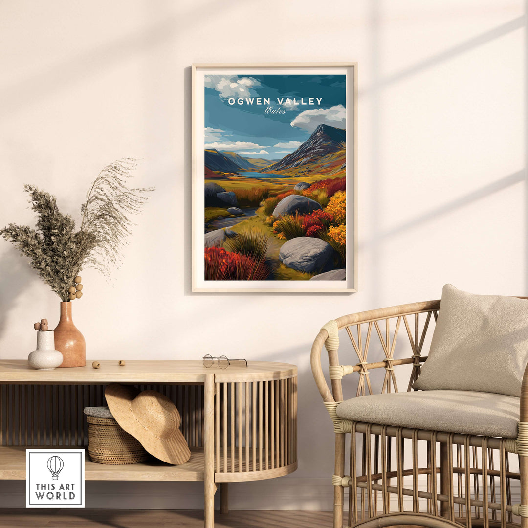 Ogwen Valley colorful landscape print featuring mountains and stream in a stylish indoor setting.