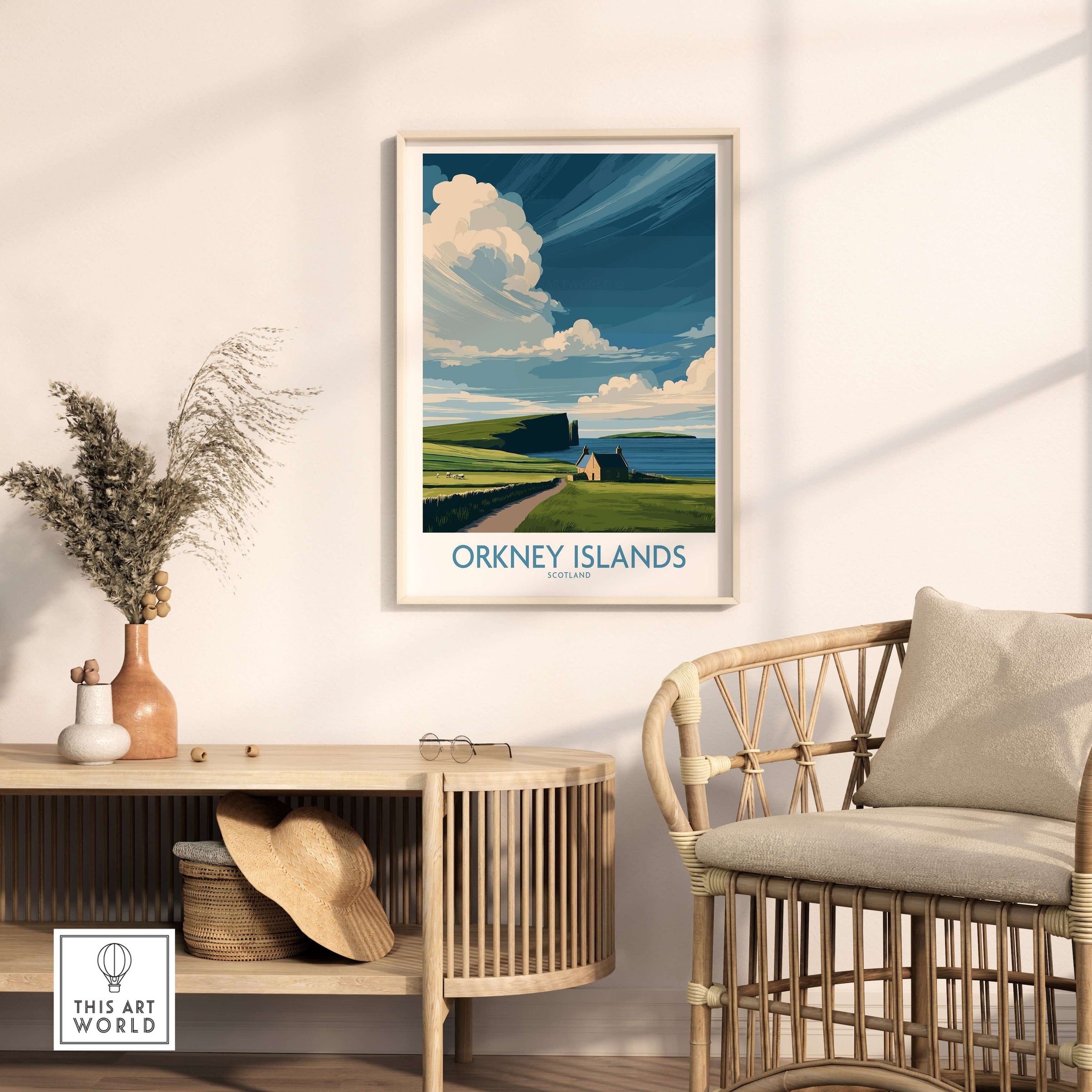 Orkney Islands Scottish Island Wall Art - Scotland Rugged Landscape Decor displayed in a modern living room setting.