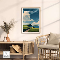 Orkney Islands Coastal Cottage Print - Green Hills Scotland Poster showcasing a scenic landscape with a quaint cottage.