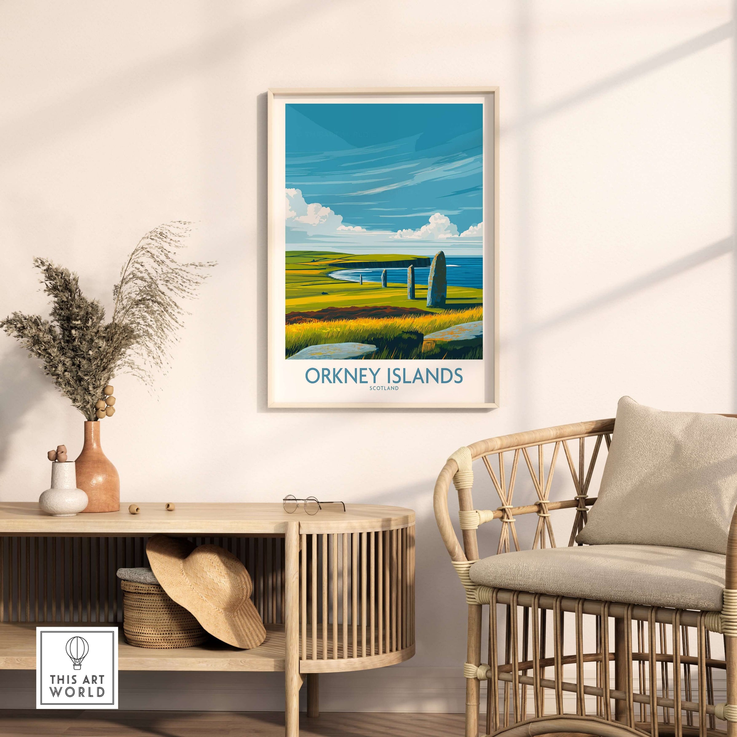 Orkney Islands Scotland Prehistoric Stones Poster - Scottish Travel Decor displayed in a cozy room.