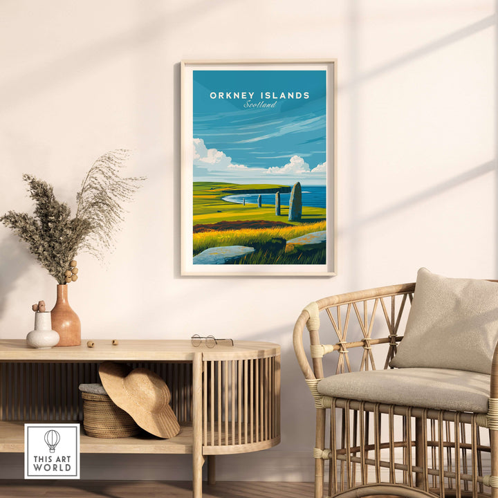 Orkney Islands Standing Stones Print on wall, showcasing Scotland's ancient landmark in a cozy interior setting.