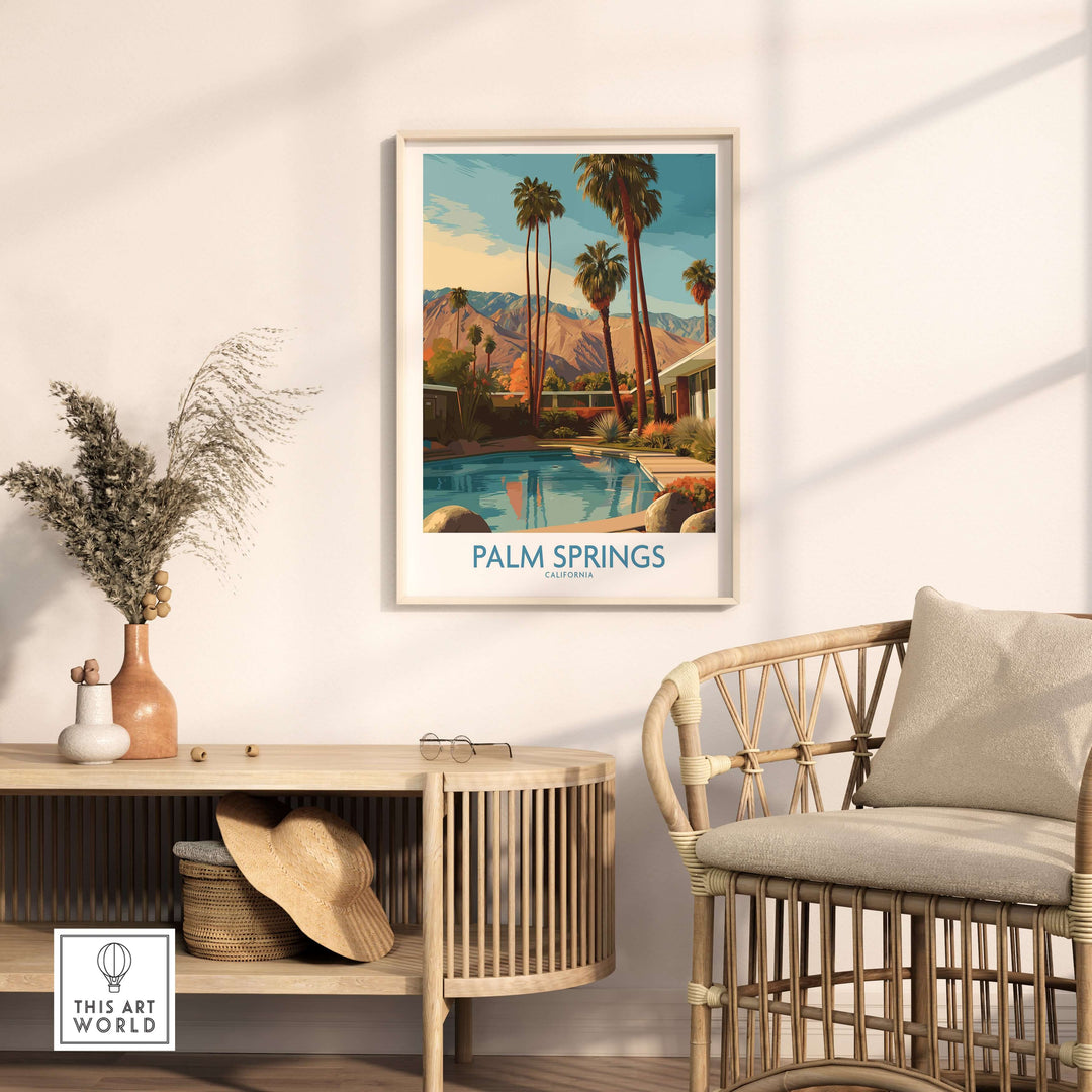 Framed Palm Springs poolside print featuring mountains and palm trees, ideal for California travel decor.