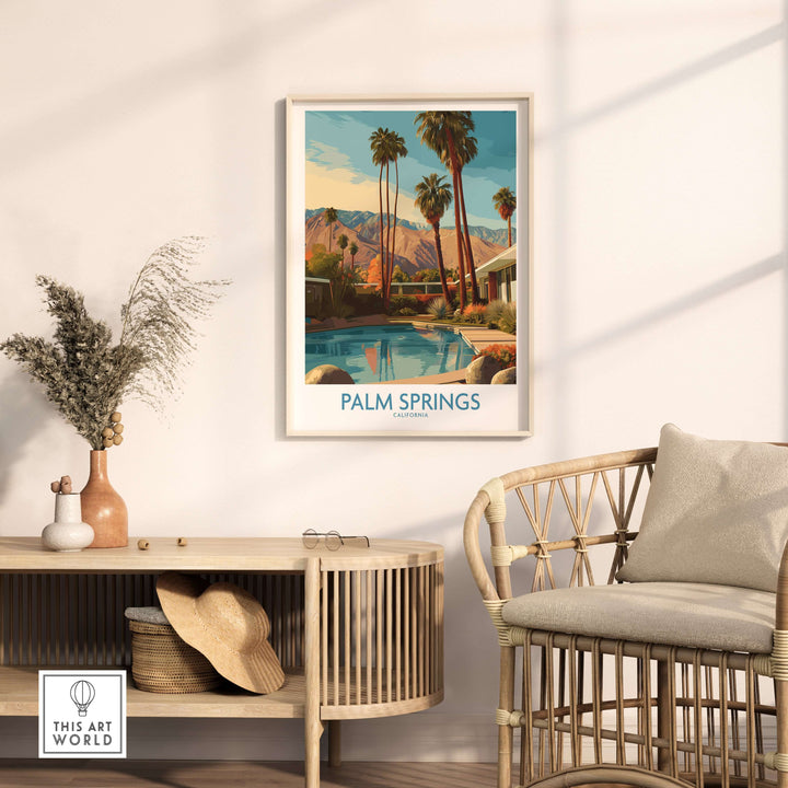 Framed Palm Springs poolside print featuring mountains and palm trees, ideal for California travel decor.