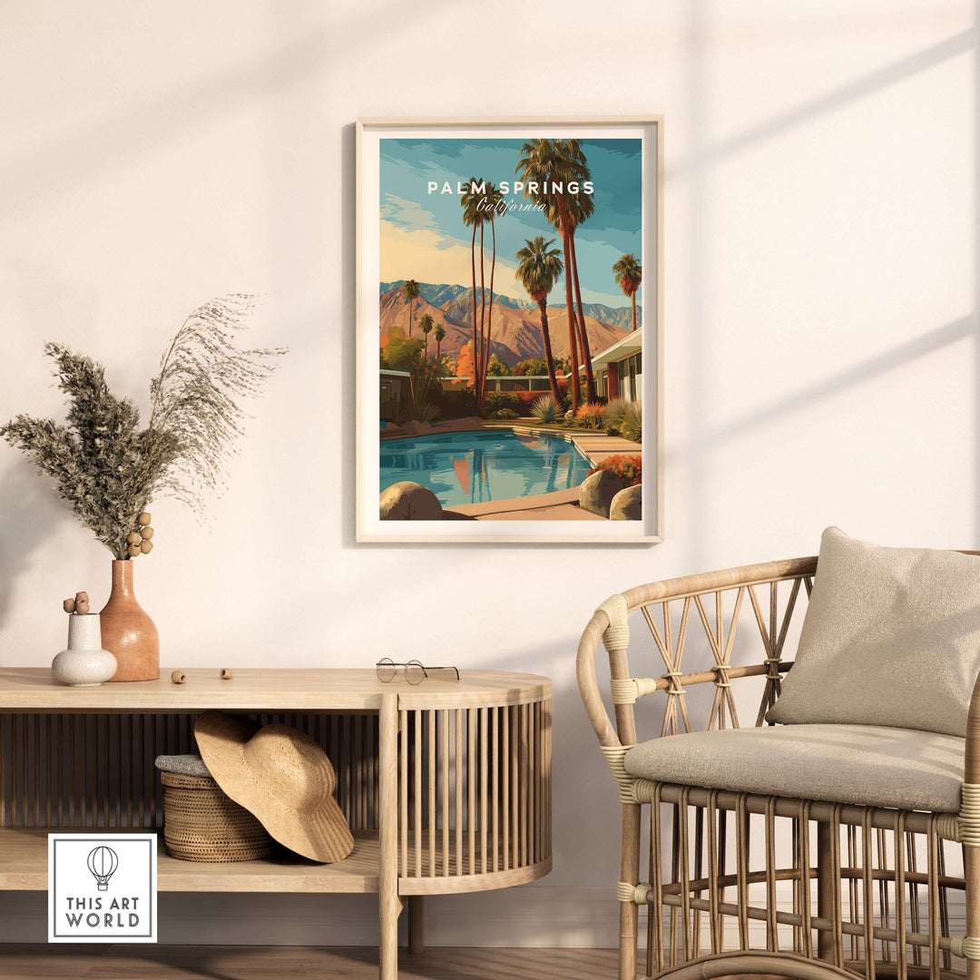 Palm Springs Mid-Century Modern Home Poster in a stylish living room with rattan furniture and desert landscape.