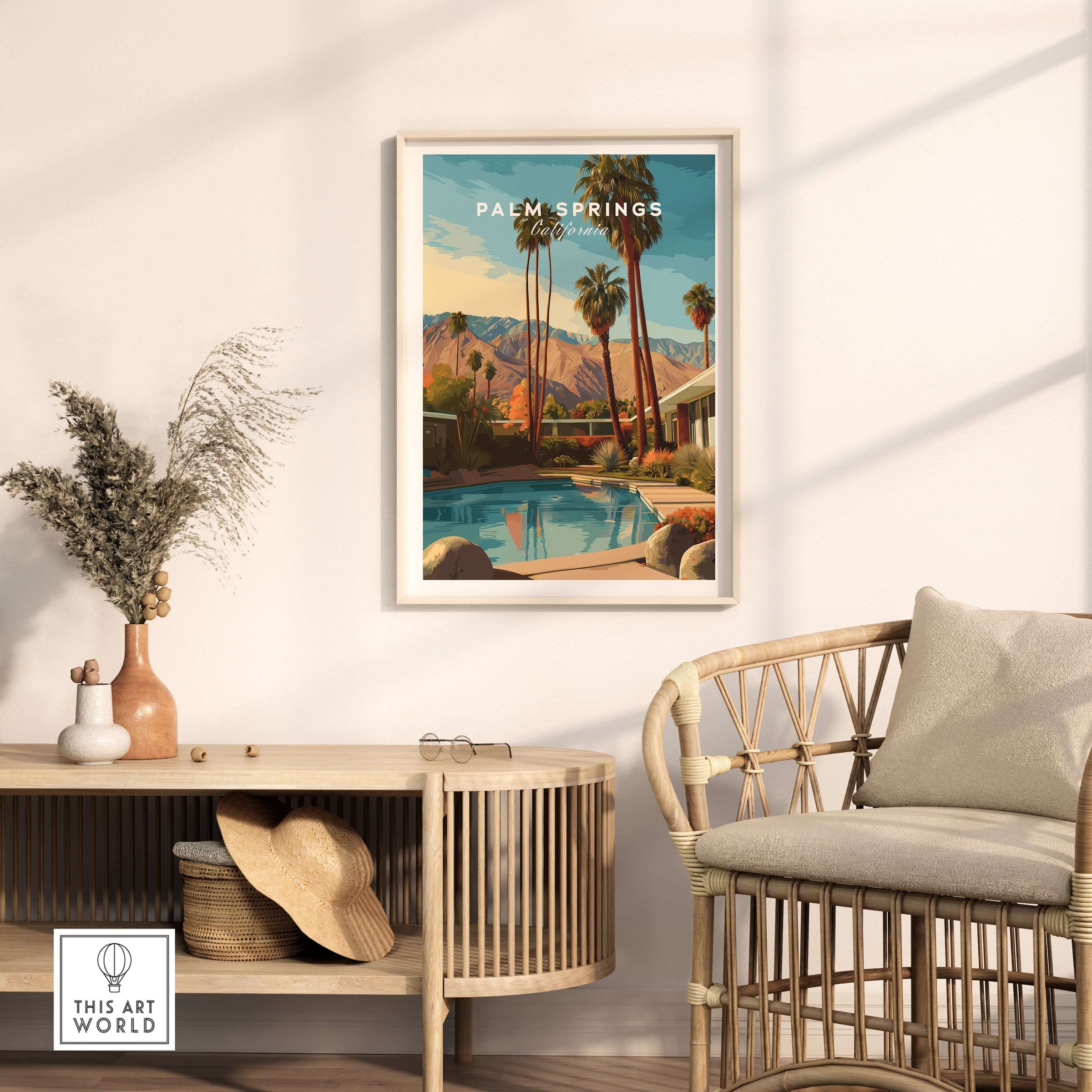 Palm Springs California Mid-Century Modern Home Poster - Desert City Wall Art displayed in a stylish living room setting.