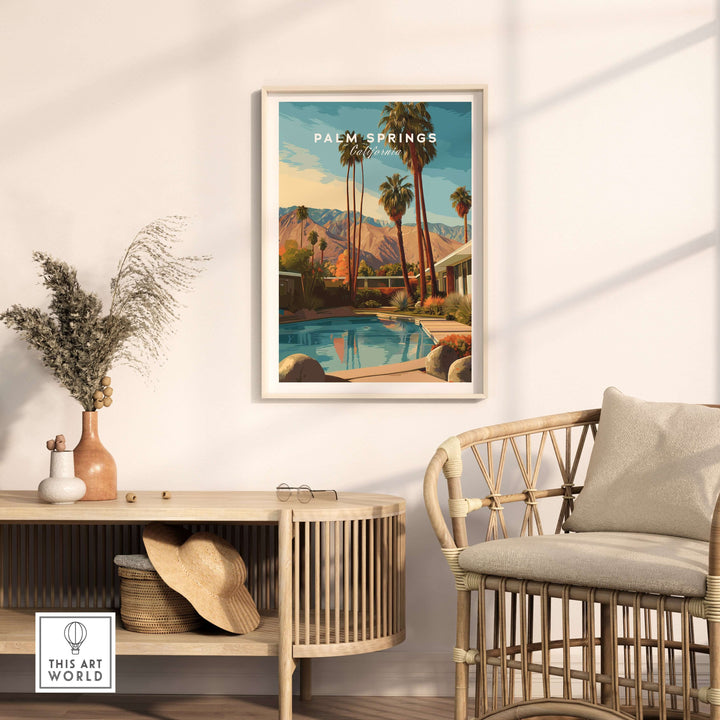 Palm Springs Mid-Century Modern Home Poster in a stylish living room with rattan furniture and desert landscape.