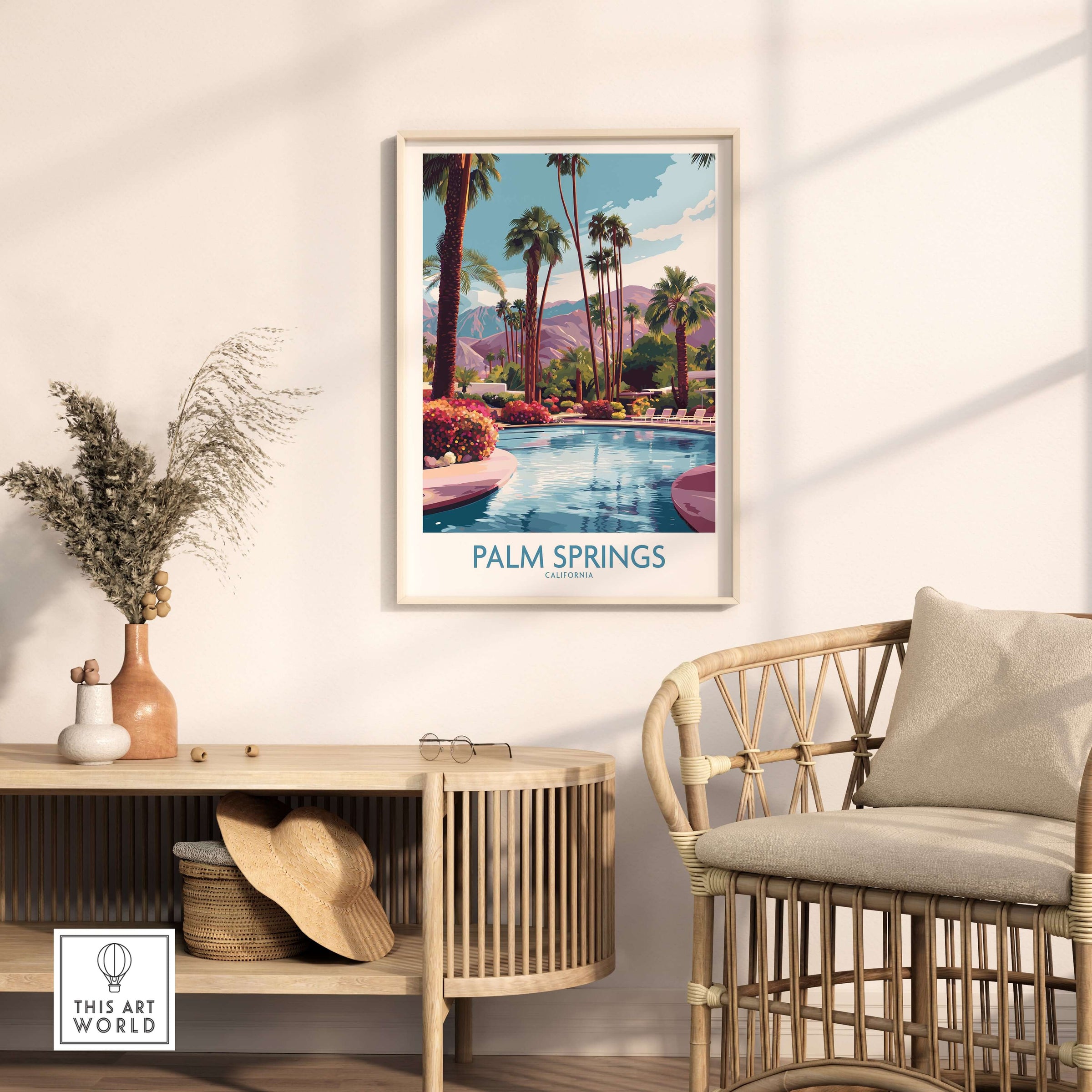Palm Springs California Vibrant Garden Poster - California Resort Decor featuring a serene poolside scene.