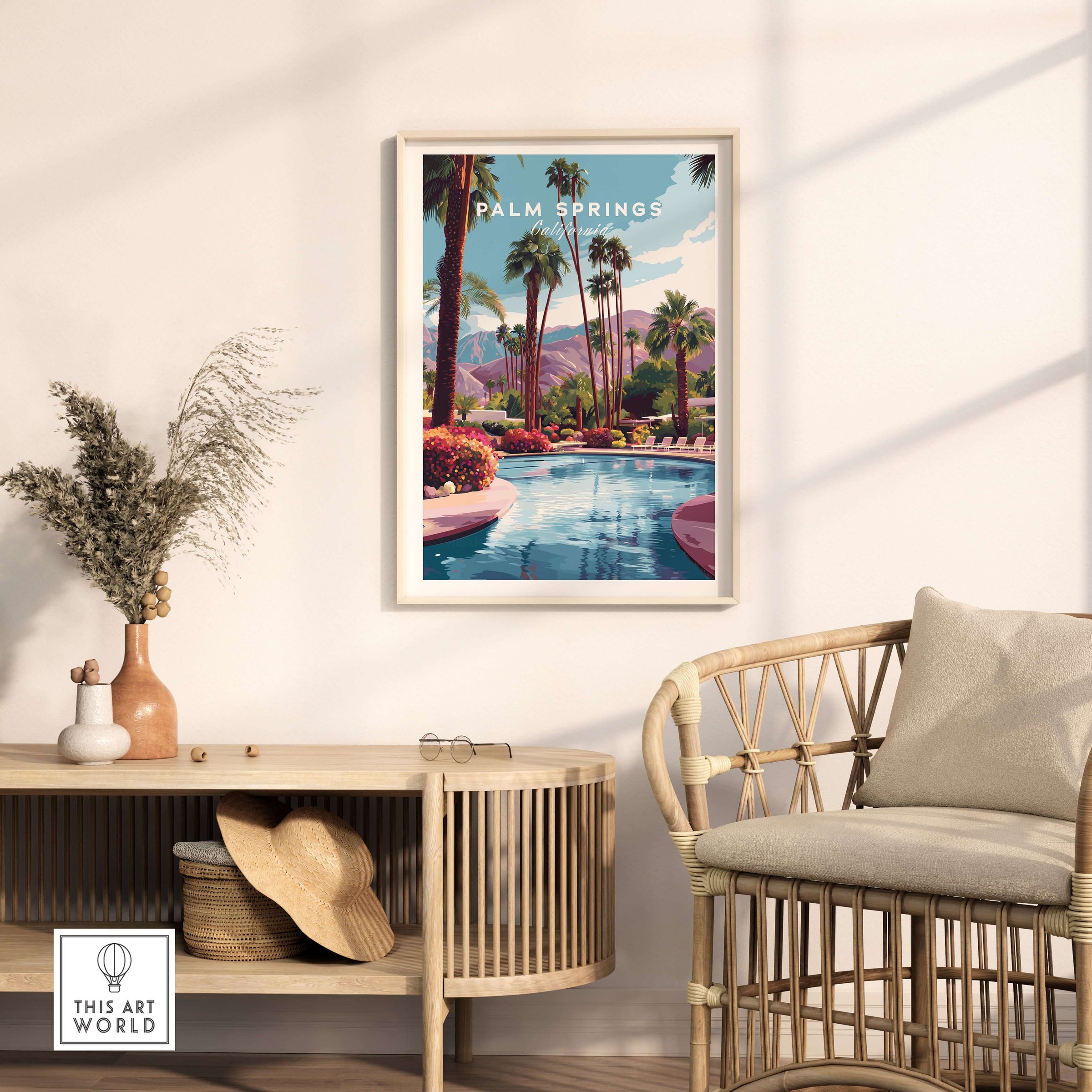 Palm Springs California Tropical Poolside Print - Mountain Landscape Wall Art displayed in a bright, modern living space.