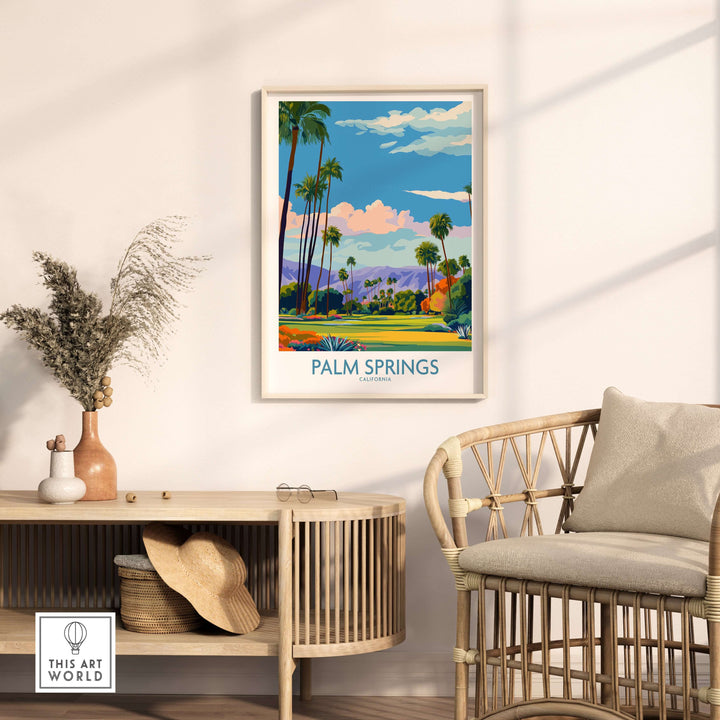 Colorful Palm Springs palm tree oasis wall art framed above a stylish chair in a cozy room setting.