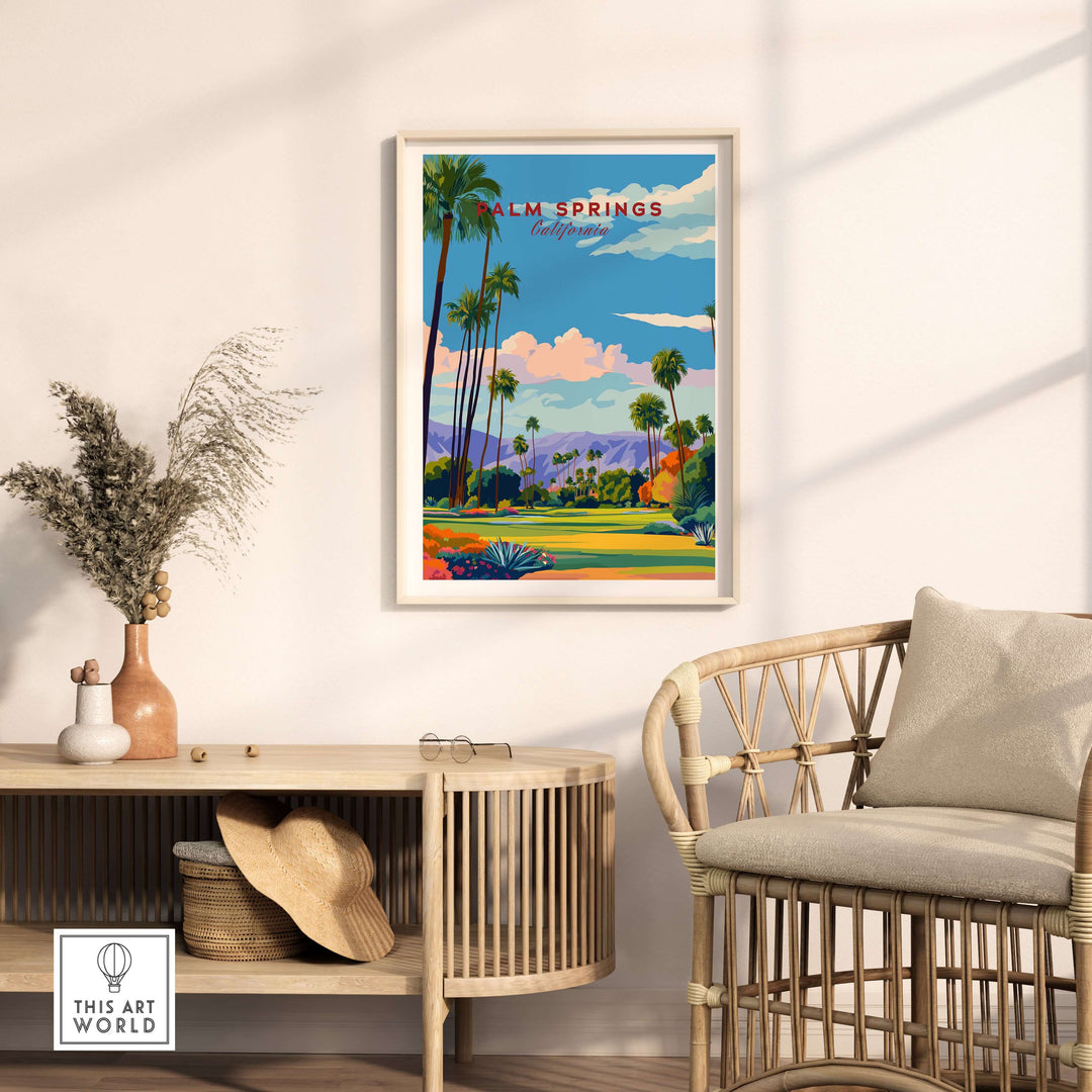Palm Springs golf course poster featuring a desert mountain landscape and palm trees, ideal for golf and art lovers.