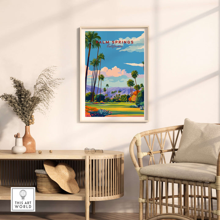 Palm Springs golf course poster featuring a desert mountain landscape and palm trees, ideal for golf and art lovers.