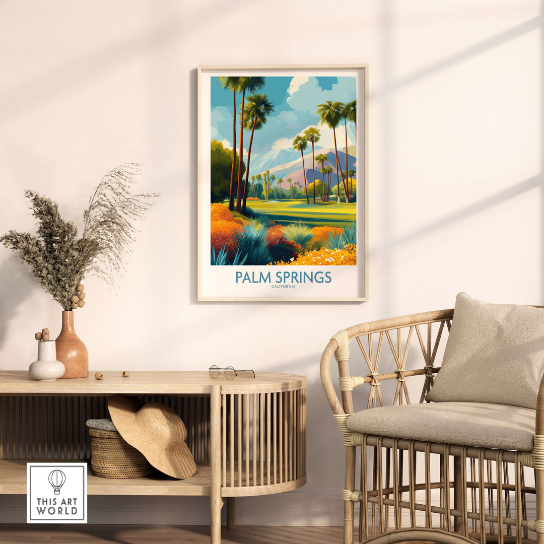 Colorful Palm Springs garden poster framed on a wall, showcasing vibrant scenery for a cheerful golf vacation vibe.