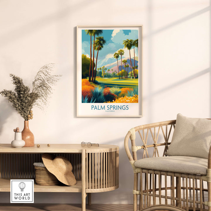 Colorful Palm Springs garden poster framed on a wall, showcasing vibrant scenery for a cheerful golf vacation vibe.