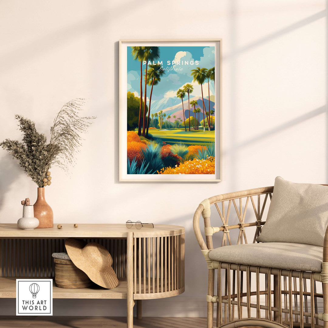 Palm Springs California golf course wall art print featuring desert landscape and mountains in bright colors.