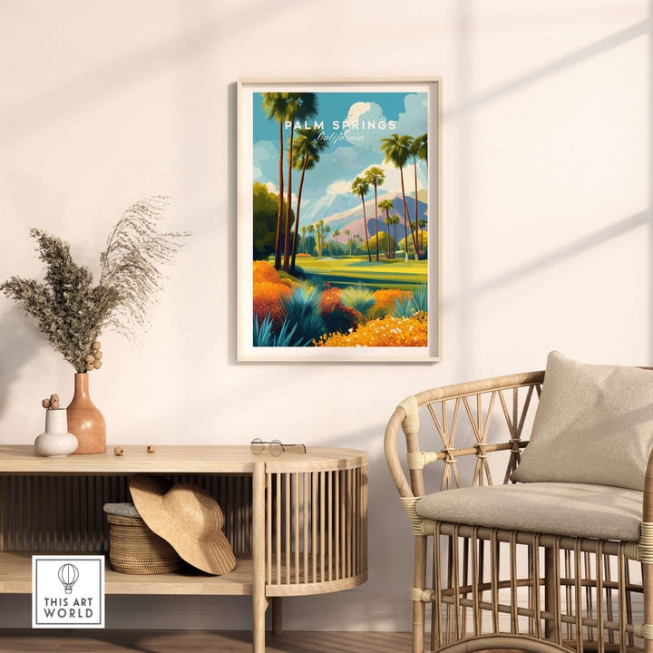 Palm Springs California golf course wall art print featuring desert landscape and mountains in bright colors.
