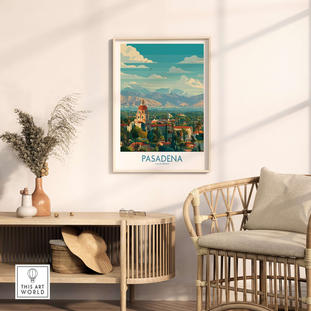 Pasadena California skyline wall art print showcasing vibrant cityscape and mountains in stylish home decor.