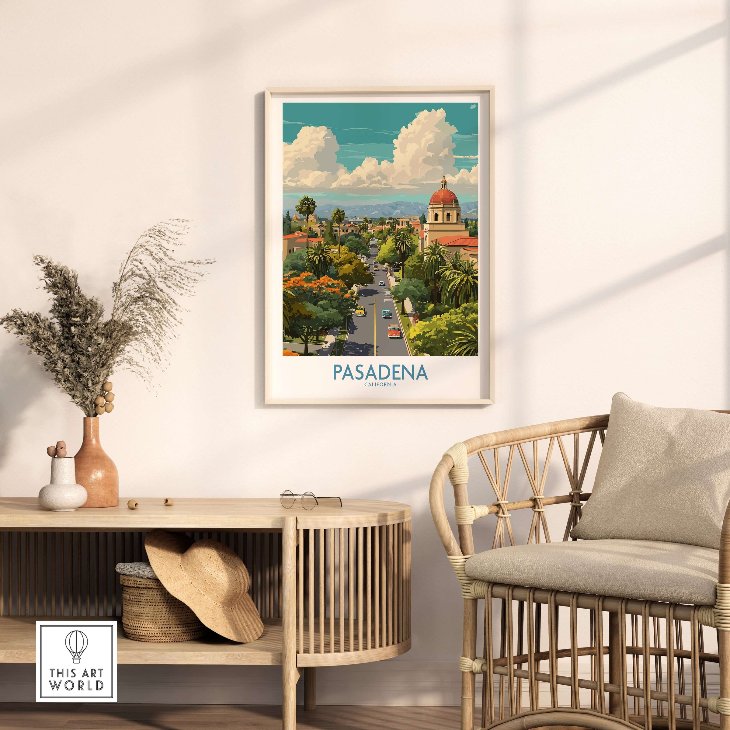 Pasadena Wall Art - California Travel Poster showcasing a vibrant view of Pasadena with scenic landmarks.
