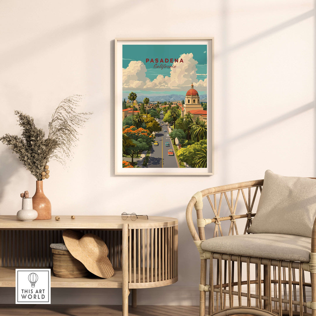 Pasadena cityscape poster showcasing vibrant landmarks and urban views in a stylish living space.