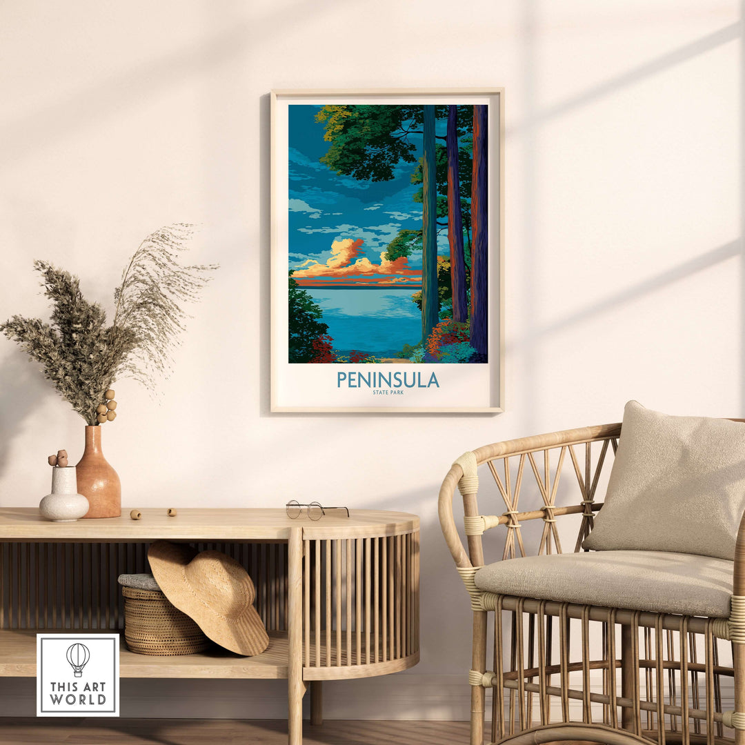 Peninsula State Park Wisconsin landscape print featuring vibrant trees and colorful sky, perfect for nature decor.