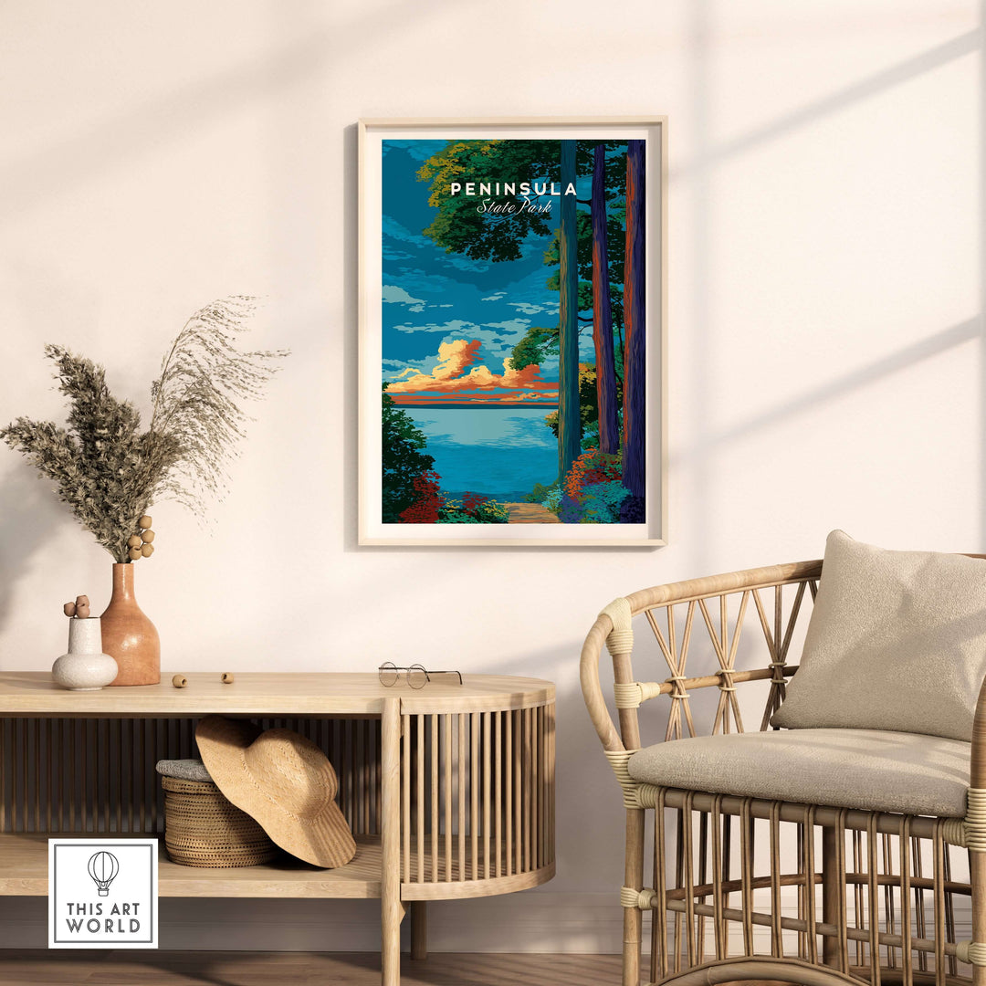 Peninsula State Park sunset poster featuring a tranquil forest path and Lake Michigan artwork in a cozy living space.