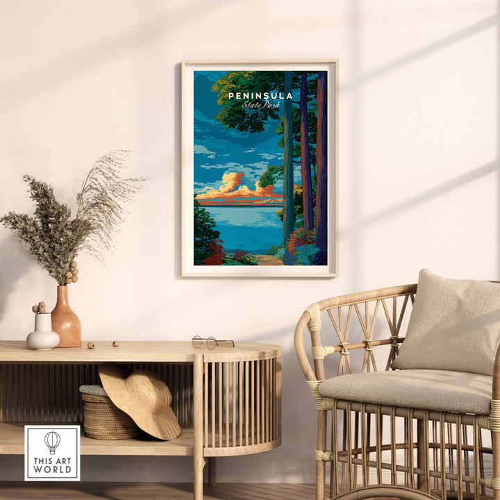 Peninsula State Park sunset poster featuring a tranquil forest path and Lake Michigan artwork in a cozy living space.