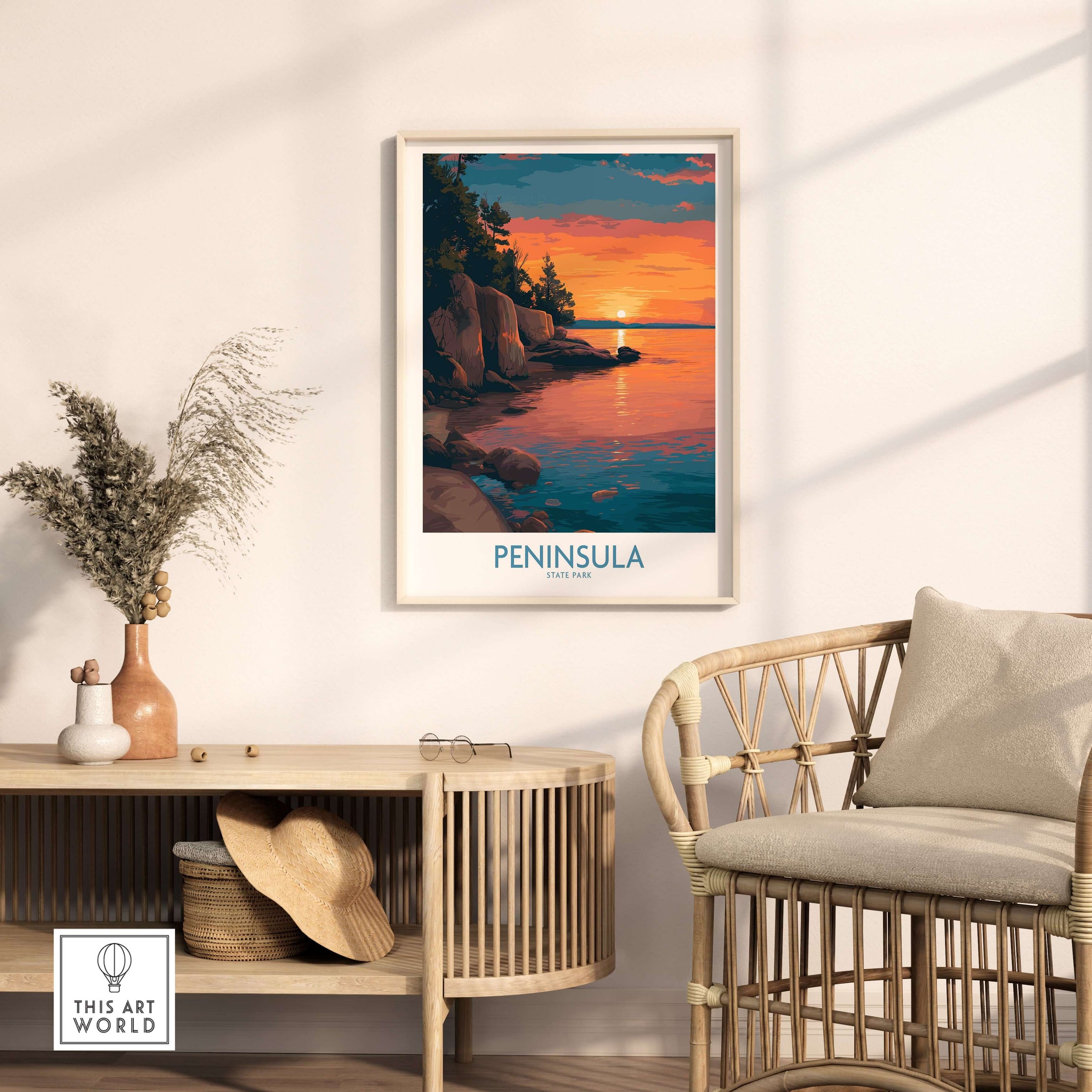 Peninsula State Park Golden Hour Lake View Poster - Wisconsin Travel Decor in a cozy living room setting.