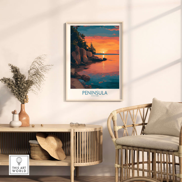 Peninsula State Park sunset poster featuring a vibrant lake view, perfect for Wisconsin travel decor.