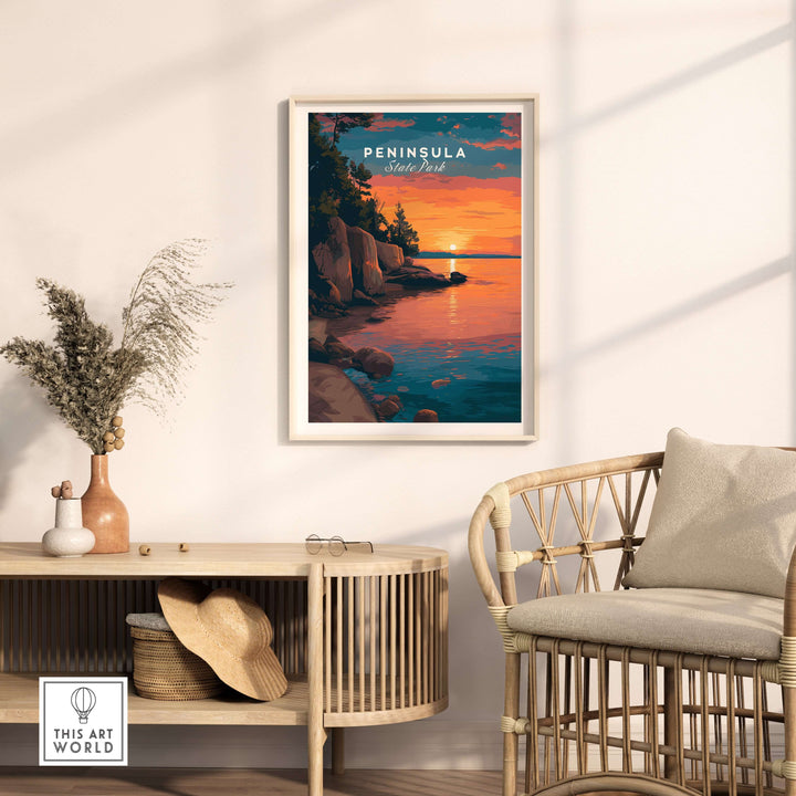 Peninsula State Park sunset print showcasing Wisconsin's rocky shoreline in a stylish living room setting.