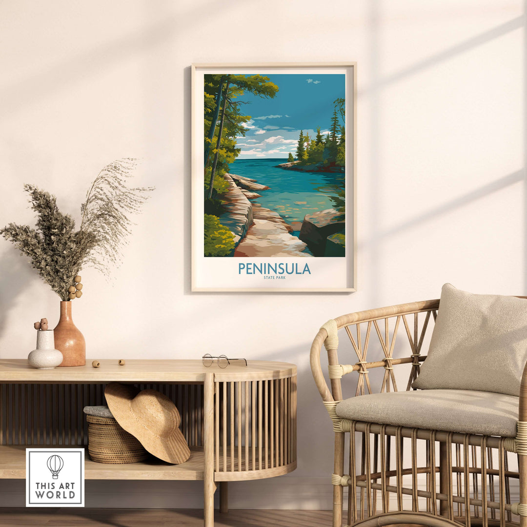 Peninsula State Park wall art in a modern living room, showcasing Green Bay's scenic beauty and nature spirit.
