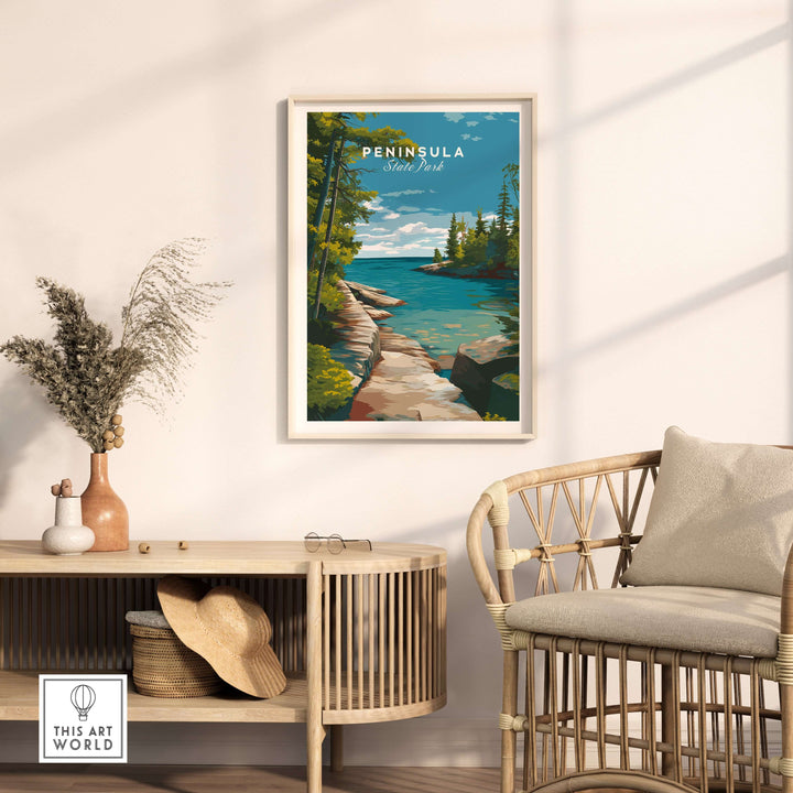 Peninsula State Park Wisconsin rocky coastline print featured in a cozy interior setting.