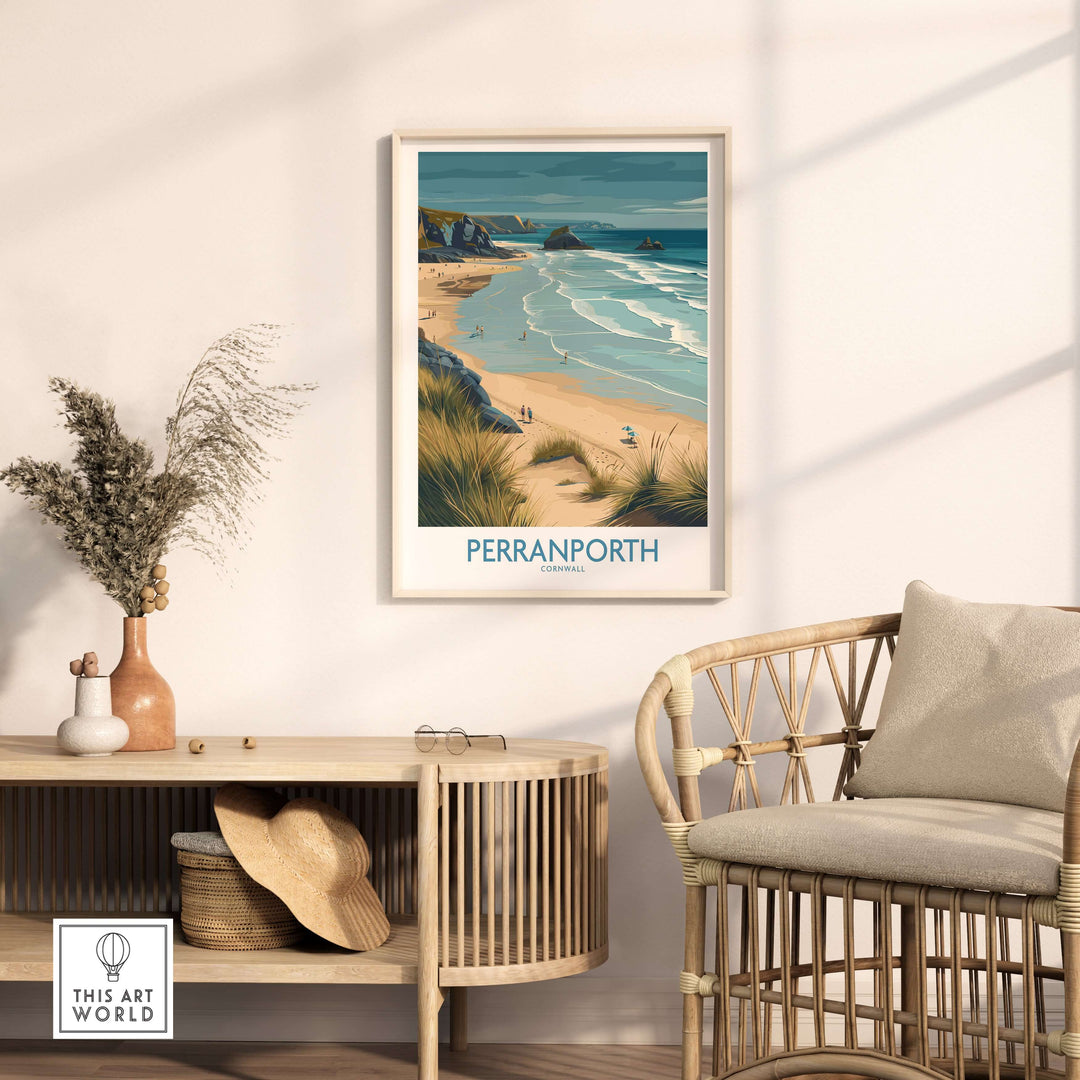 Perranporth Cornwall ocean waves seascape poster displayed in a stylish interior with plant and furniture.