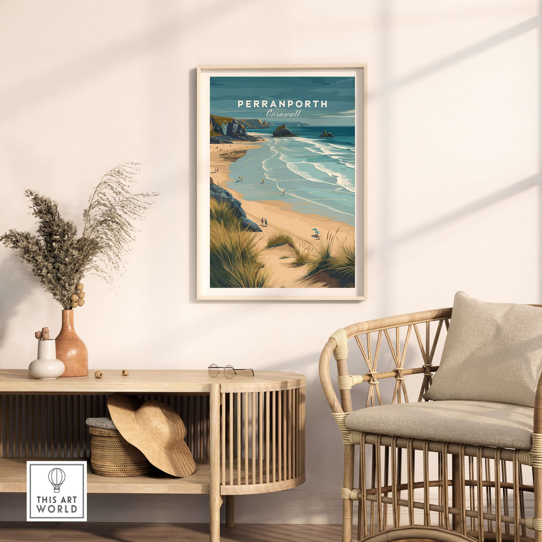 Perranporth Cornwall coastal wall art print displayed in a stylish interior, highlighting sandy beach dunes and waves.