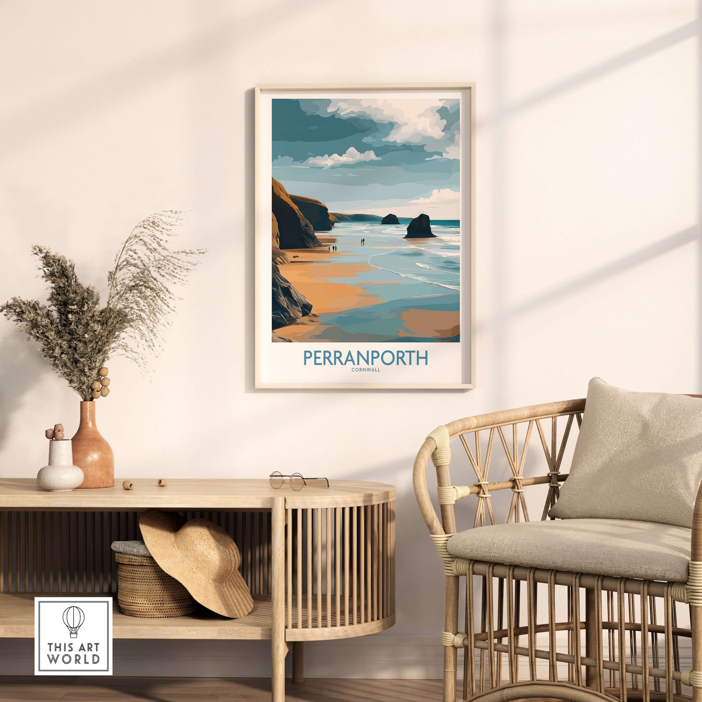 Perranporth Cornwall Ocean Walk Wall Art - UK Seaside Decor in a stylish living room setting.