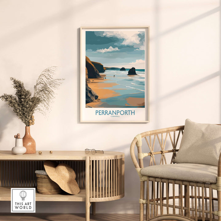 Perranporth Cornwall Ocean Walk wall art displayed in a cozy living room setting, showcasing a beach scene.