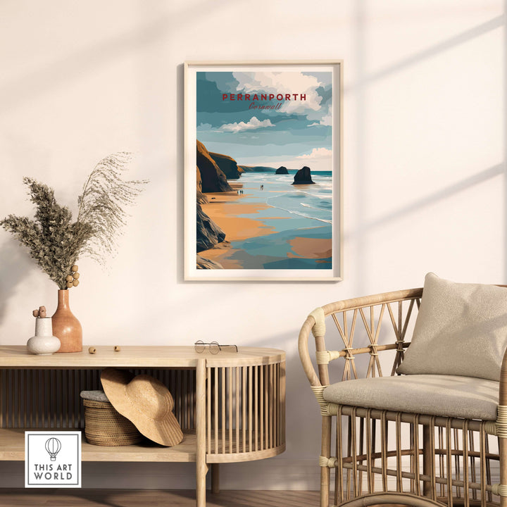 Perranporth Low Tide Beach poster displayed in a stylish living room, showcasing the Cornish coast's serene beauty.