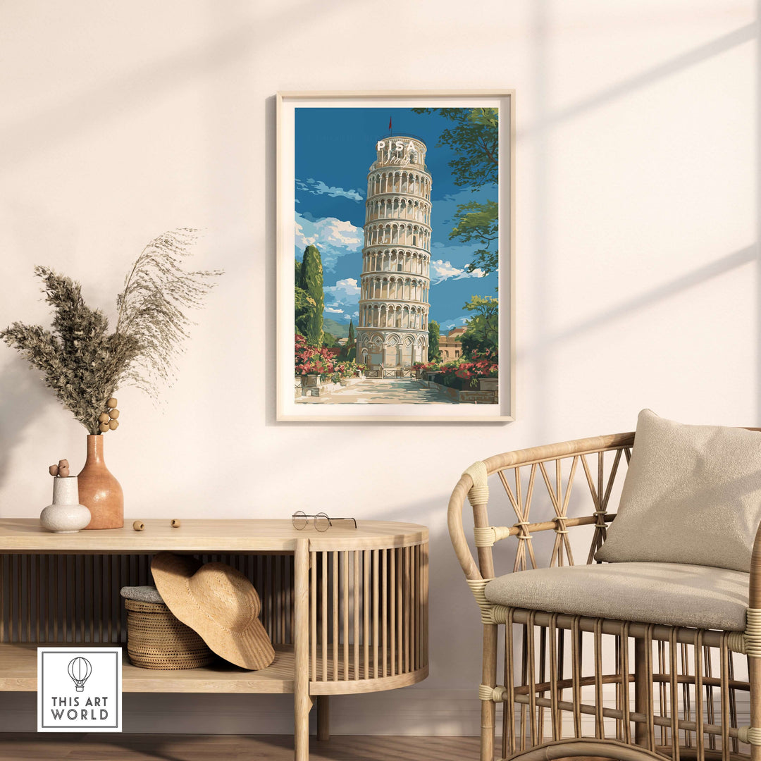 Leaned Tower of Pisa print in a stylish living room decor setting with modern furniture.