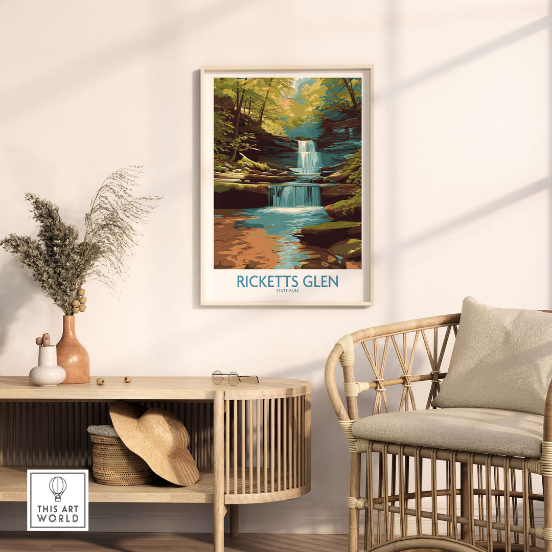 Ricketts Glen State Park waterfall poster displayed in a cozy living room decor with natural elements.