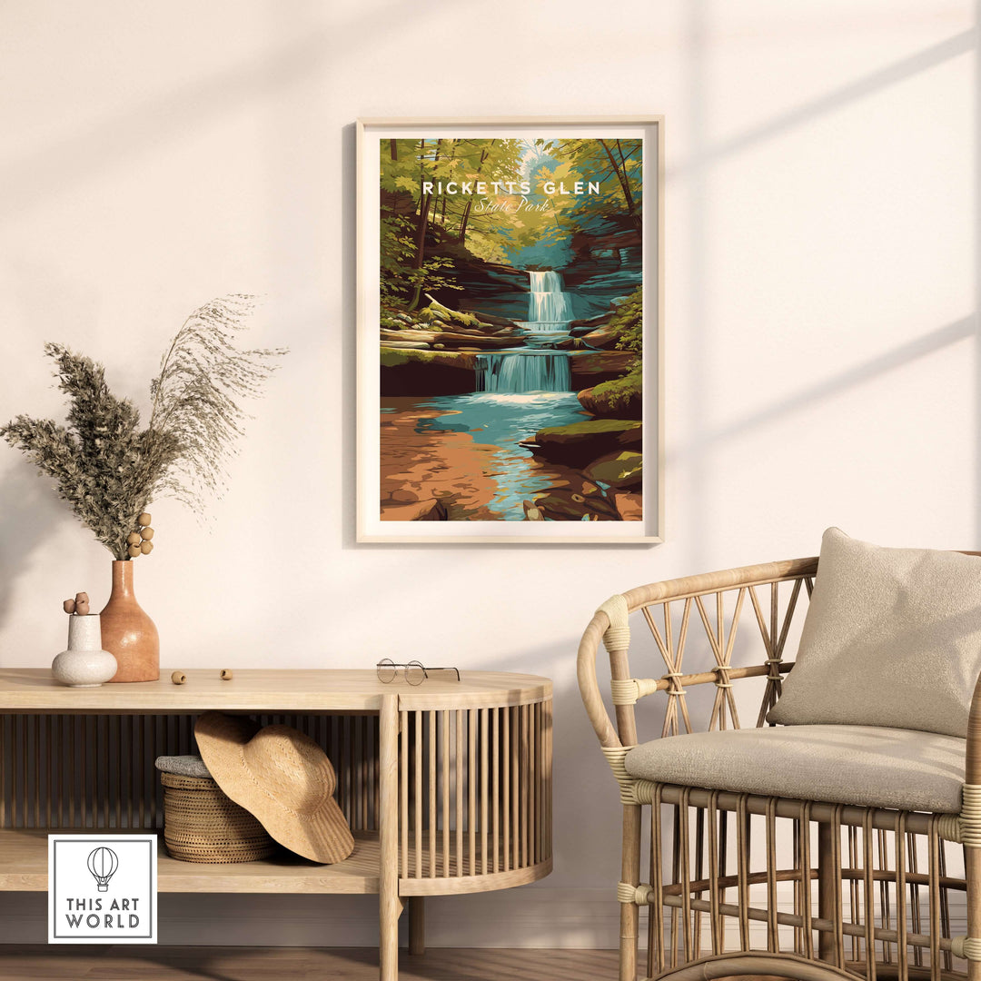 Ricketts Glen State Park waterfall landscape print framed in a modern living room, showcasing nature's beauty.