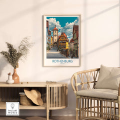 Rothenburg Wall Art Print Germany displayed in a modern living room setting with wooden furniture and decorative plants.