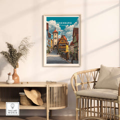 Rothenburg Poster Germany Travel Print featuring charming medieval architecture and scenic streets in a stylish interior setting.
