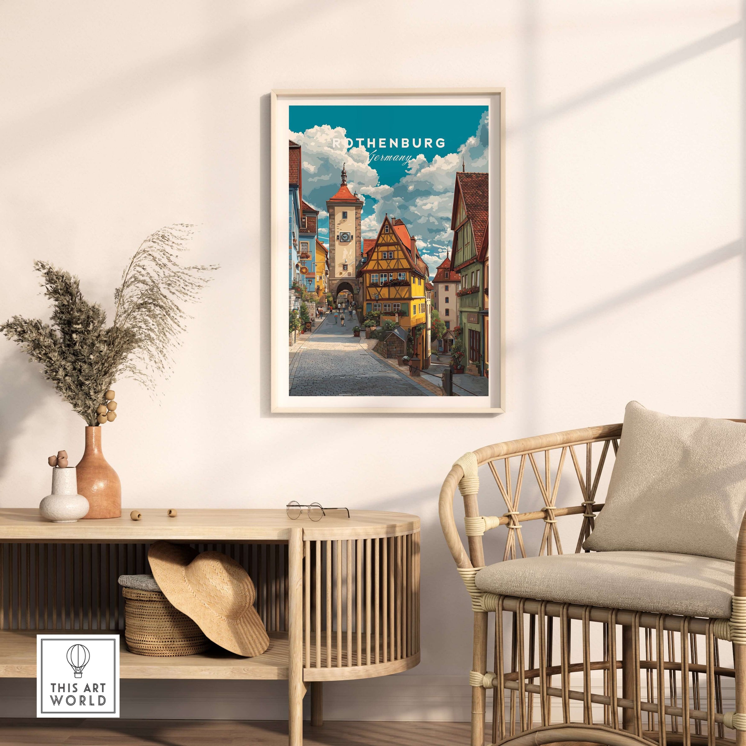 Rothenburg Poster Germany Travel Print featuring charming medieval architecture and scenic streets in a stylish interior setting.
