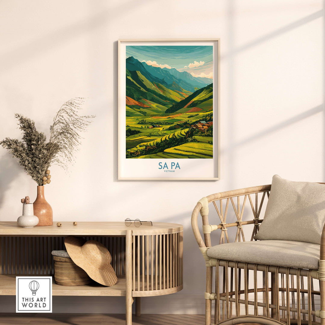 Framed Sa Pa Vietnam print showcasing lush rice terraces and mountains in a stylish interior setting.