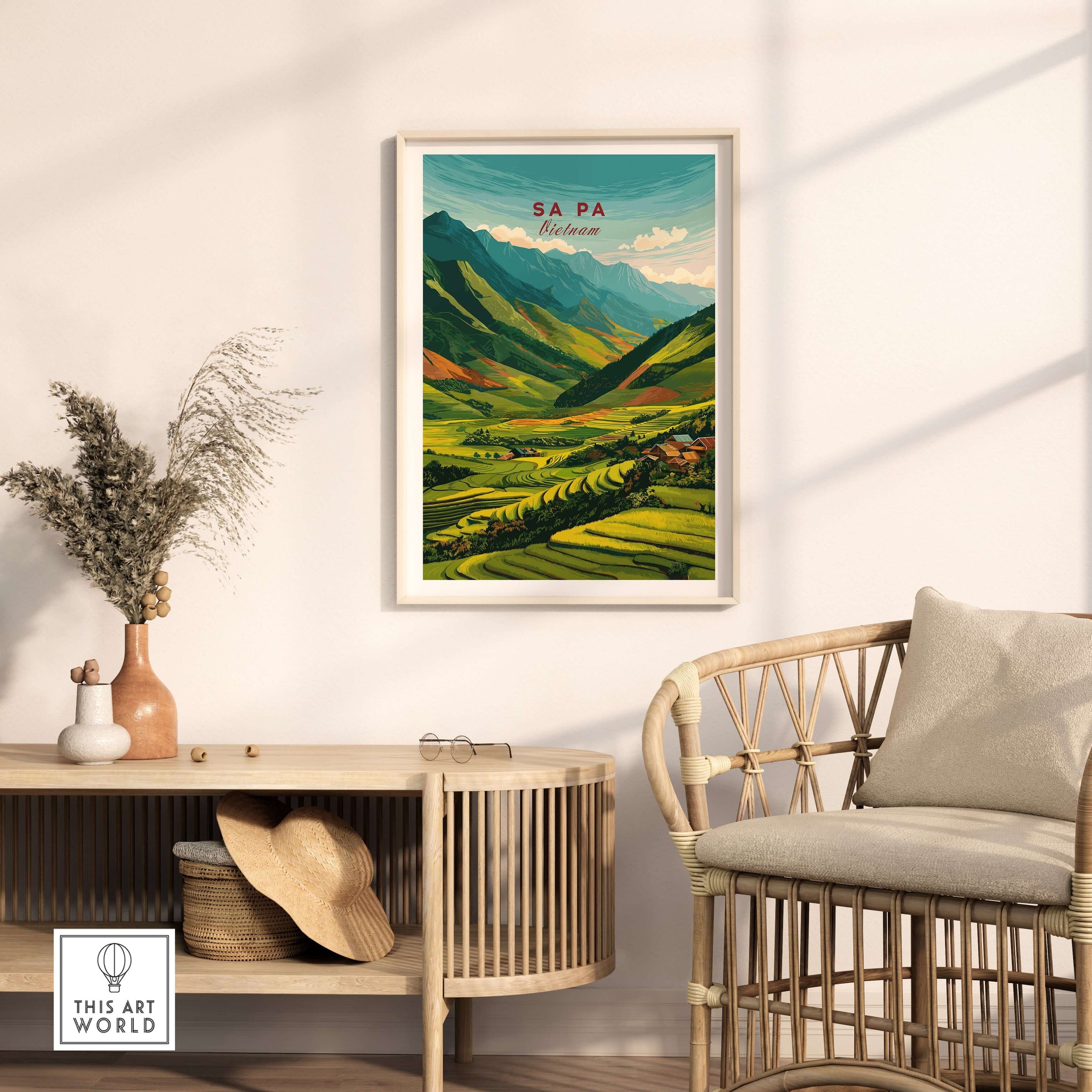 Sa Pa Vietnam Poster - Rice Terraces Landscape Print - Vibrant Green Mountains Wall Art in a cozy room setting.