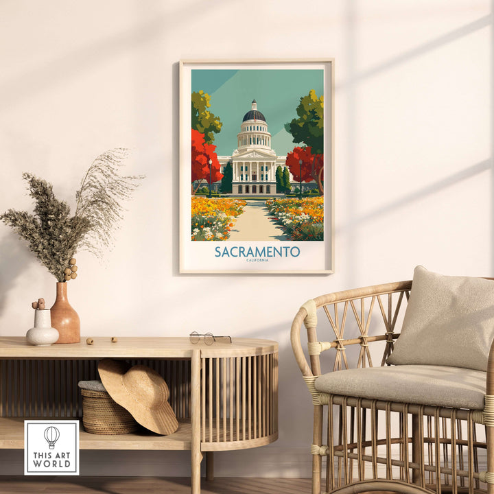 Sacramento California Capitol poster displayed in a cozy living space, showcasing historic architecture and vibrant colors.