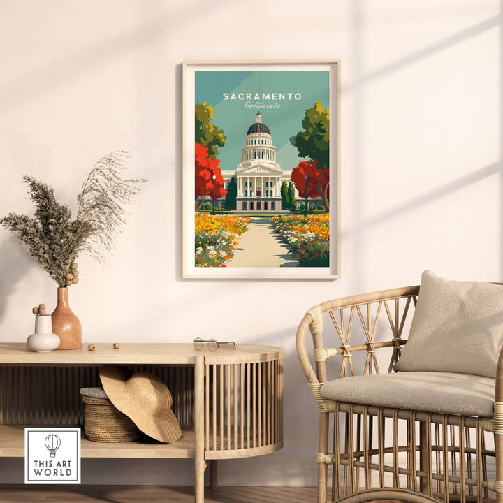 Sacramento California State Capitol Building print in a stylish living room setting, featuring vibrant flowers and elegant architecture.