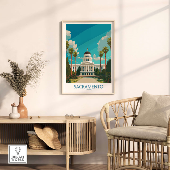 Sacramento poster featuring California State Capitol art, showcased in a stylish living room setting.